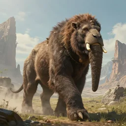 highly detailed portrait photo of a huge hairy Mûmakil, wandering through a scenic dystopian fantasy environment, hyperrealistic Illustration