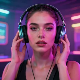 cyberpunk beautiful trisha paytas self portrait listening to music in a colourful club, macro, vibrant, 3 0 mm photography, wide shot, dramatic lighting, octane render, hyperrealistic, high quality, highly detailed, artstation, hd, beautiful, cinematic, 8 k, unreal engine, facial accuracy, symmetrical