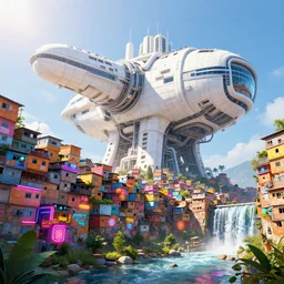 giant big detail white   megastructure cargo favela the wall fortress neon pub  with little plant along borderland and waterfall style vivid colorful  Hyperrealistic CGI Photorealistic cinematic volume lighting clear sky sun day fanart on ArtStation  concept art