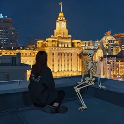 a small rooftop with a girl and a skeleton sitting and watching the view, wearing moder clothes by balenciaga, modern shanghai bund is on the background, night, by edward hopper, by gregory crewdson