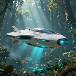 futuristic levitating luxury small spaceship hovering above habitat designed by apple flying over the forest art by greg rutkowski and paul ozzimo, epic fantasy scifi cyan light engine ultra realistic volumetric light god rays raytracing unreal engine digital art trending artstation deviantart octane render,