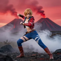 samus aran cosplay, action pose, smoke, volcano in background, red skies, high quality photograph