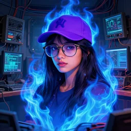 character art by ruan jia, 2 0 year round faced hyderabadi woman wearing wayfarer glasses and purple baseball hat, on blue fire, blue fire powers, room filled with wiring and electronics with monitors