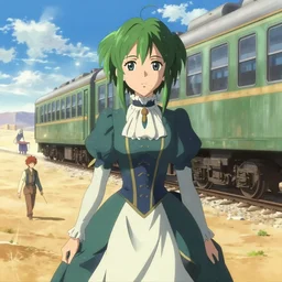 makoto shinkai, artgerm, ilya kuvshinov, steampunk beautiful anime woman, symmetrical face, symmetrical eyes, victorian dress, green hair, action scene, yoji shinkawa, train in the desert, detailed, summer setting, cinematic lighting
