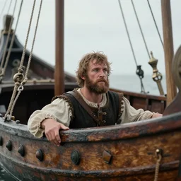 A man with his head stuck in the whole of a medieval galley, realistic, 4k
