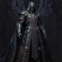 dark cyborg armour cloak made of intricate complex circuitry and microchips, iridescent, warrior assassin, black body, colorful, intricate linework, gothic baroque, intimidating, magical, realistic oil painting, artstation, rutkowski, wlop, chebokha, artgerm