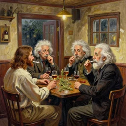 a hand drawn painting of jesus christ, albert einstein, charles darwin, they are meeting together in a after small comfy cozy empty pub that is filled with wine, a door and a window, they are all meeting on a tabletop, smoking weed and drinking wine, photorealism, hyperdetailed, volumetric lightening, octane, dalle 2 reference