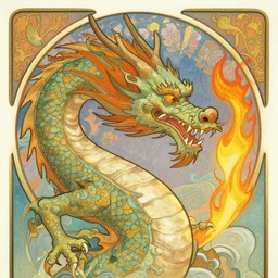 “fire breathing dragon, Art Nouveau”
