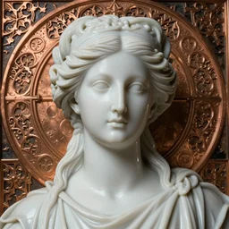 face centered portrait, artwork by james jean, hyperdetailed realistic smooth polished porcelain, beautiful minoan queen, jean delville, art nouveau, gustav klimt, ornate copper patina gothic icon, james jean, ultrasharp hyperdetailed photorealistic octane render