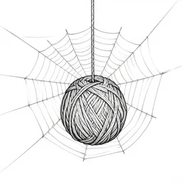 line drawing, a ball of yarn suspended in a spider web