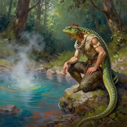 anthro man lizard finding a colorful hotspring deep in forest, oil painting, highly detailed, medieval fantasy, featured on artstation