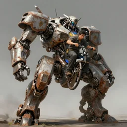 a concept art illustration, a man riding on large mechanical rusty exoskeleton, low angle shot, style by dylan cole and feng zhu and wlop, unreal engine, trending in artstation, octane render, ultra sharp
