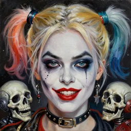 close up face of an extremely beautiful face portrait, masterpiece, oil on canvas, death and robots, harley quinn, artgerm, norman rockwell, craig mulins, trending on pxiv,