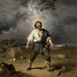 a happy, peasant man, from the 19th century, is laughing in the middle of a thunder storm, sketch by Rembrandt