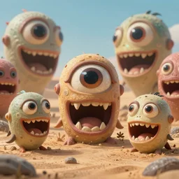 of a desert with large beautiful strange friendly creatures with big eyes, mouth and sharp teeth appearing from the ground, in the style of Giger, macro lens, shallow depth of field, highly detailed, digital painting, trending artstation, concept art, illustration, cinematic lighting, vibrant colors, photorealism, epic, octane render