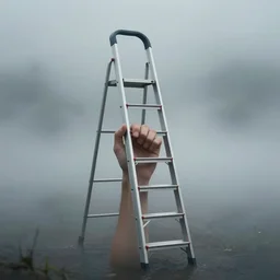 a hand emerges from the mist, in the hand is a step ladder, atmospheric, hyper detailed, artistic lighting, 8k, trending on art station