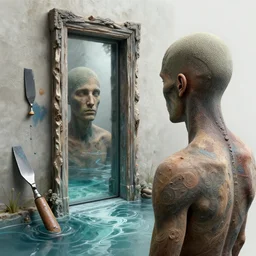 hypnagogic recollections from the waters of the unconscious, a 3 d psychopomp watching on, spray paint, pallet knife, a man's face, a mirror, a doorway threshold, hyper detailed, intricate detail, octane render