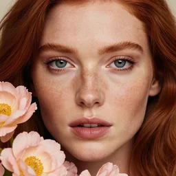 Close-up portrait of a woman , close-up, high sharpness, zeiss lens, fashion photo shoot, flowers, red hair, freckles, Annie Leibovitz and Steve McCurry, David Lazar, Jimmy Nelsson, artistic, hyper-realistic, beautiful face, octane rendering