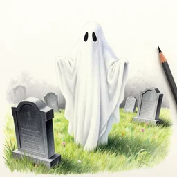 Colored pencil art on paper, Ghost in Cemetery, highly detailed, artstation, MasterPiece, Award-Winning, Caran d'Ache Luminance