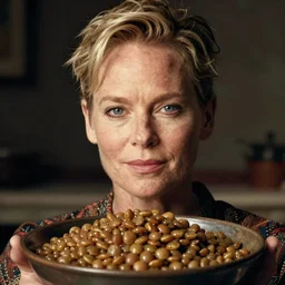 a bowl of lentils with tilda swinton face