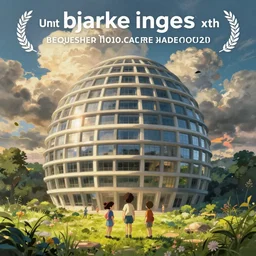 a bjarke ingels building with kids in front in a studio ghibli landscape