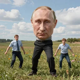 A highly detailed photorealistic full portrait of Vladimir Putin frolicking in the field by Simon Stalenhag and Thomas Kinkaid, Octane render, trending on cgsociety, HDR, 8K I cant believe how funny this is