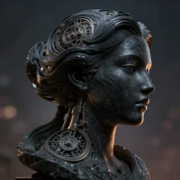 epic illustration, digital abstract sculpt of beautiful female face silhouette and black swirling concrete acrylic portrait, black latex sculpt, close up portrait, mechanical superstructure, sacred geometry, glowing edges, magic hour, beautiful light, sculpture of carving marble, dark colors, dark mood, one point light, clockwork, epic matte painting, concept art, bokeh, digital painting, artstation