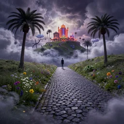 curled perspective digital art of curly clouds cobblestone street with wildflowers to a casino in top of a hill with curly palmtrees by anton fadeev from nightmare before christmas, smoke