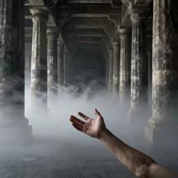 arm reaching out of thick fog, symetrical rows of tall stone columns in background, intricate zdzislaw beksinski