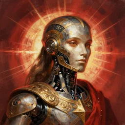 dnd head and shoulders portrait, automaton robotic warforged priest of the sacred godforge, james gurney, red color scheme, ray swanland