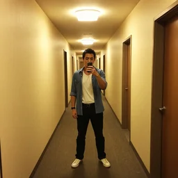 a seemingly endless series of hallways with no natural lighting, LED yellow-tinted ceiling lighting, simple wallpaper, and a dirty carpet that extends throughout the entire system of hallways, Johnny Bravo! is standing in the hallway taking a selfie, photo