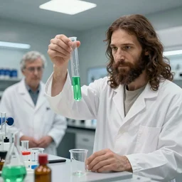 jesus and another scientist in a lab creating a new chemical concoction holding up a test tube filed with green liquid