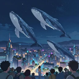 Blue whales floating in the sky over a futuristic city, crowd looking at sky, night time, extra detailed, by Makoto Shinkai and thomas kinkade, digital painting, Matte painting, trending on artstation and unreal engine