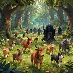 panorama of animals in enchanted forest running away from necromancer's army