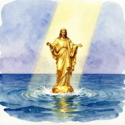 a watercolor painting of a golden statue of jesus in the middle of an ocean with a beam illuminating it, detailed