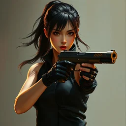 an asian woman with a gun in both hands, with a face like zhang ziyi, long hair in a ponytail, wearing a black vest and black gloves, kinetic pointillism, artstation, style greg rutkowski