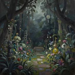 a gorgeous, fantastic, magic garden landscape by michael kidd, sturm und drang, moebius, trending on artstation, artgerm, acrylic on canvas, muted colors, darker,!! low contrast!!, chillwave