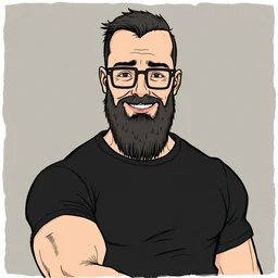 a buff smiling man with long stubble, muscular neck, rectangular square shaped glasses and a black bowl cut, wearing a black tshirt. illustration by edward gorey