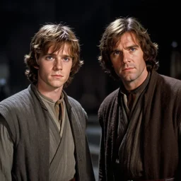 film still of young alec guiness and young sebastian shaw as jedis in new star wars movie, dramatic lighting, highly detailed face, kodak film, wide angle shot,