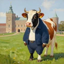 painting by larsson, cow, dressed, anthropomorphic!!, wearing!!! clothes!!!, standing next to royal castle!!!