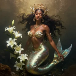 underwater photography full body portrait of a dark skin mermaid haitian goddess, white lilies, underwater, intricate, sensual features, dewy skin, reflective skin, highly detailed, divine holy perfection!! digital painting, artstation, concept art, smooth, sharp focus, warm lighting, illustration, art by artgerm and greg rutkowski and alphonse mucha