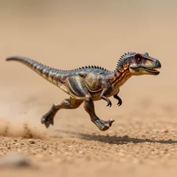 action photography, viewed from far away, award winning macro photo of a tiny intricate dinosaur running fast on a very dusty dirt field, fast shutter speed, motion blur, highly detailed, highly intricate, depth of field, national geographic