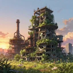 a beautiful hyperdetailed anime illustration of industrial architecture urbex abandoned building architecture nature oases city unfinished building by norman foster, atlantis sunset meadow, archdaily, wallpaper, highly detailed, trending on artstation.