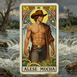 a dramatic, epic, ethereal tarot painting of a handsome brown shirtless cowboy | background is a torrential flooding river | tarot!! card, art deco, art nouveau | by Mark Maggiori and Alphonse Mucha | trending on artstation