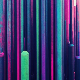 a landscape of vertical hexagonal cylinders, hip hop, vaporwave, abstract, neon, photo, detailed, 4k