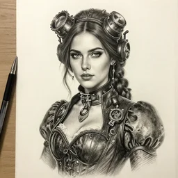 highly detailed realistic pencil sketch portrait of a beautiful woman in  detailed steampunk clothing