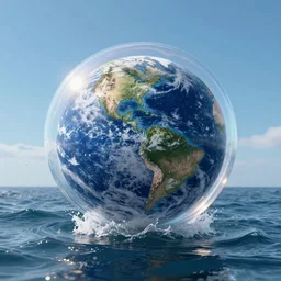 planet earth inside a bubble floating on an ocean wave