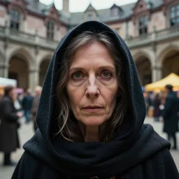 detailed face of an intelligent cloaked scholarly middle aged woman with kind eyes in a architectonic victorian courtyard at a science expo, atmospheric, ambient, pj crook, syd mead, livia prima, artgerm, greg rutkowski, nick alm, casey baugh