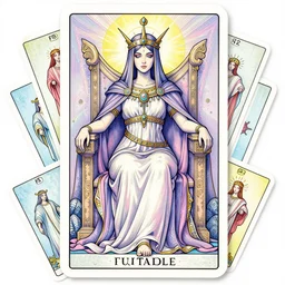 a mystical woman priestess sitting on a throne, the divine feminine, drawn by studio UFOTABLE, psychedelic, fine line work, pastel colors, Tarot cards. The empress tarot card