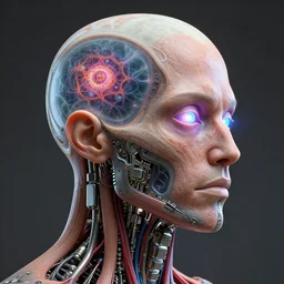 3D render of a rugged profile face portrait of a male cyborg, as medical drawing, inset xray cross-section, neon lenses for eyes, Mandelbrot fractal, titanium skeleton, anatomical, flesh, facial muscles, wires, microchips, electronics, veins, arteries, glowing, full frame, microscopic, elegant, highly detailed, flesh ornate, elegant, high fashion, rim light, octane render in the style of H.R. Giger and Bouguereau